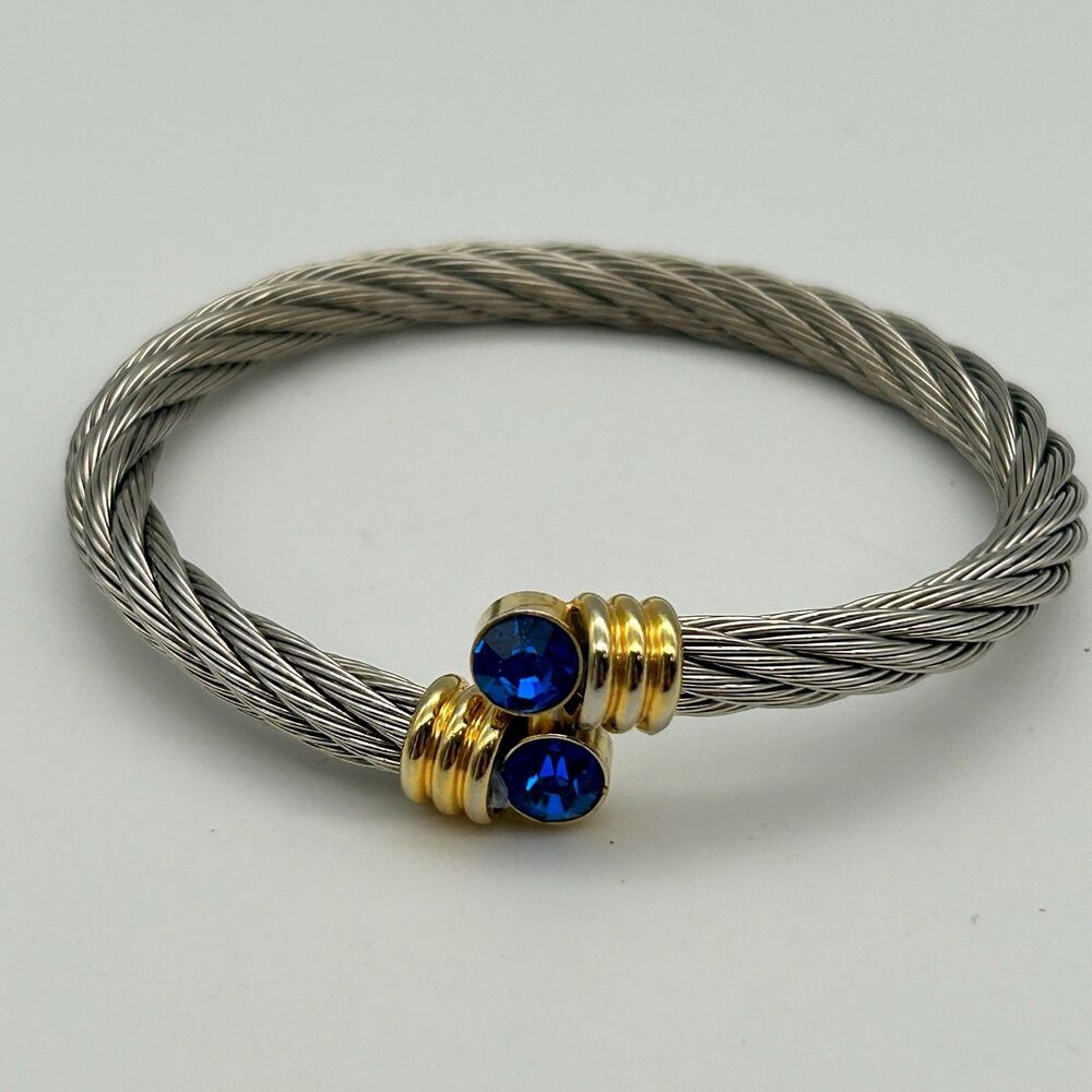 Silver Tone Twisted Cable Cuff Bracelet Blue Rhinestone End Caps Gold Tone